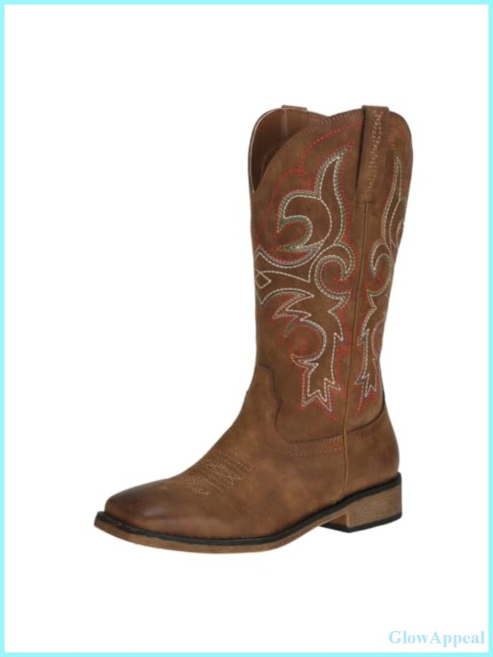 Faux PU Leather Square Toe Mid Calf Cowboy Boots Chunky Block Heel Western
